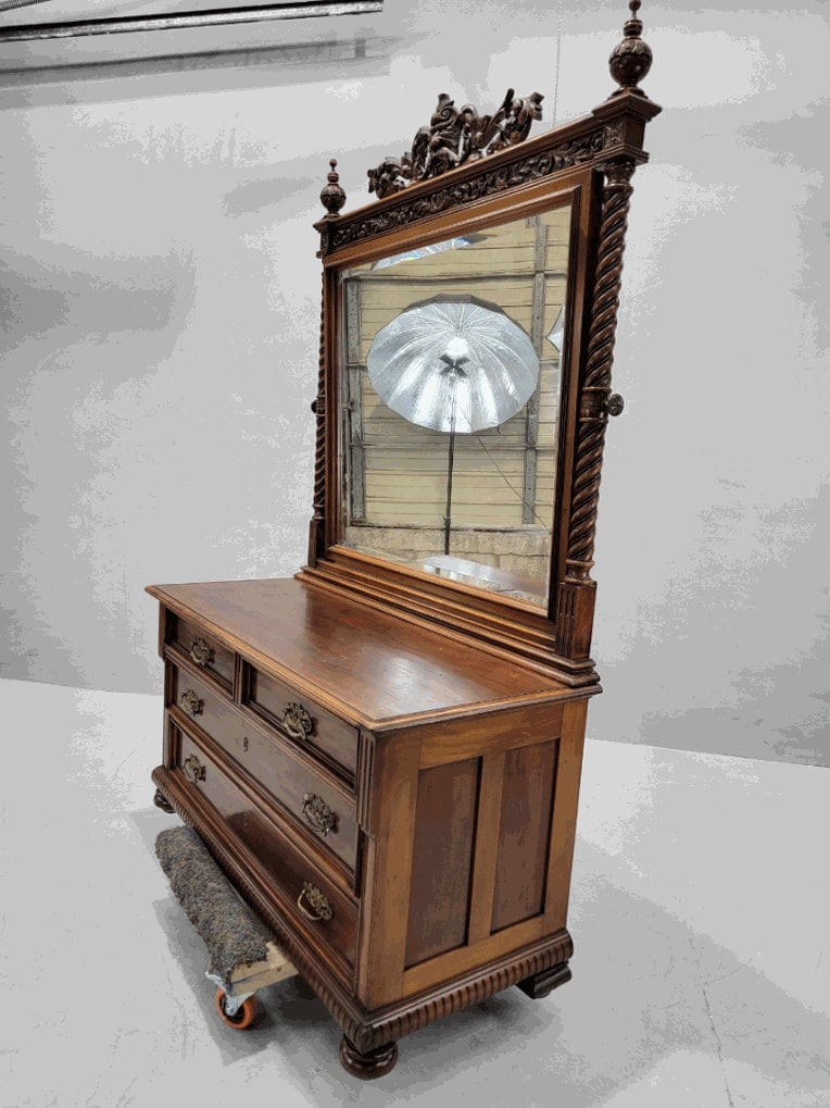 Antique Neoclassical Carved Northwind Face Topped Barley-Twist Beveled Mirror Topped Dresser - 7