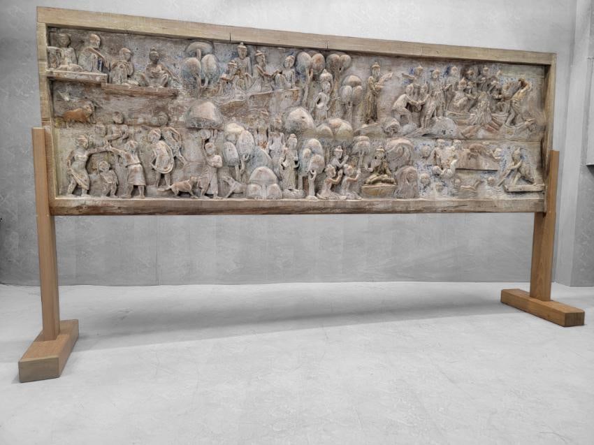 Antique Monumental Burmese Carved Mandalay Village Market Scene with Stand - 2