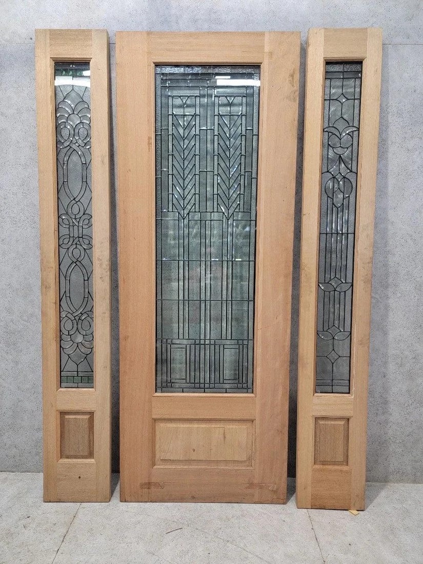 Vintage Unfinished Mahogany Door and Two Sidelights with Beveled and Jeweled Glass Exterior/Interior (1 of 10)
