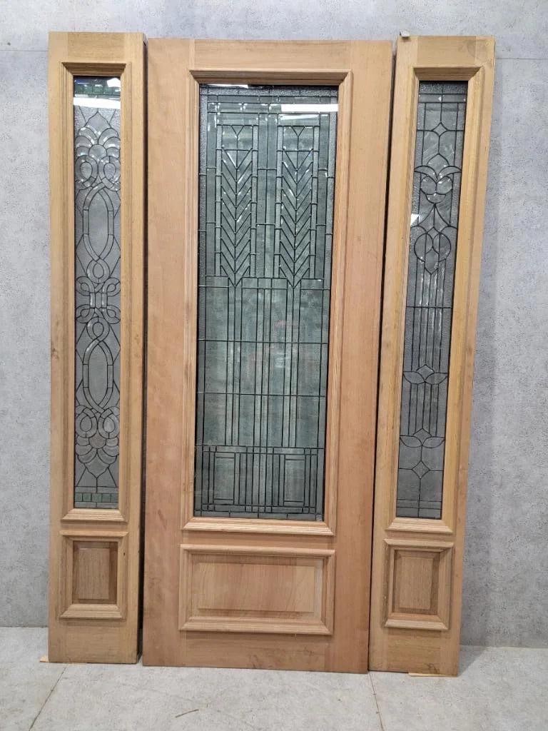 Vintage Unfinished Mahogany Door and Two Sidelights with Beveled and Jeweled Glass Exterior/Interior - 3