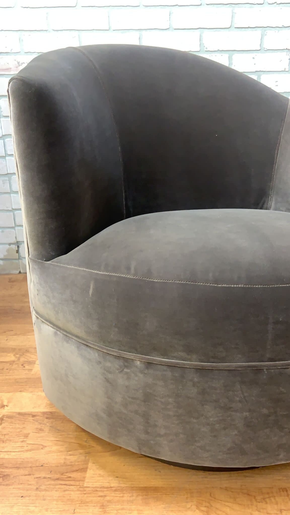 Postmodern Asymmetrical Barrel Back Swivel Chairs Newly Reupholstered in Grey Velvet on a Bronze - 10