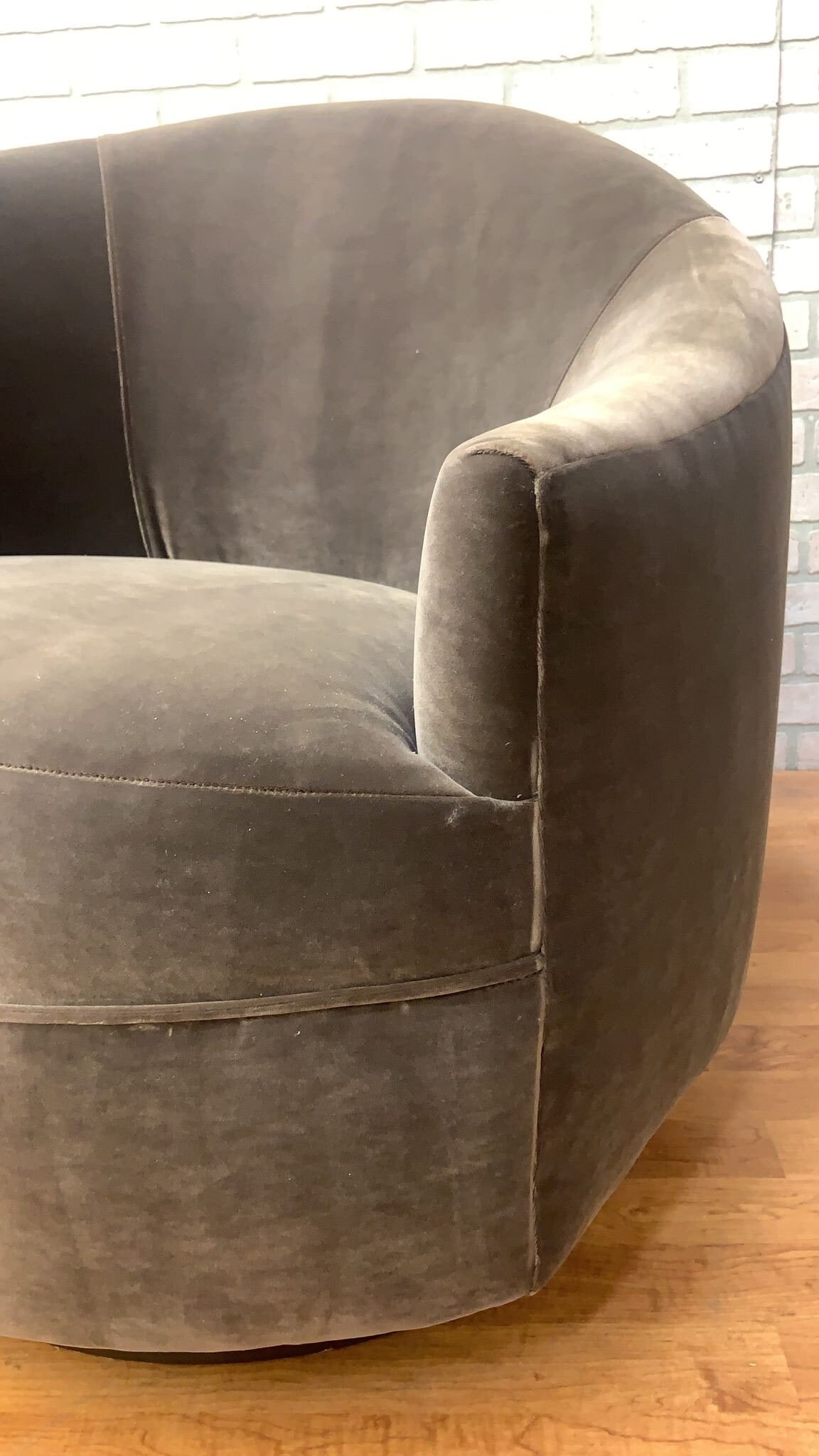 Postmodern Asymmetrical Barrel Back Swivel Chairs Newly Reupholstered in Grey Velvet on a Bronze - 5