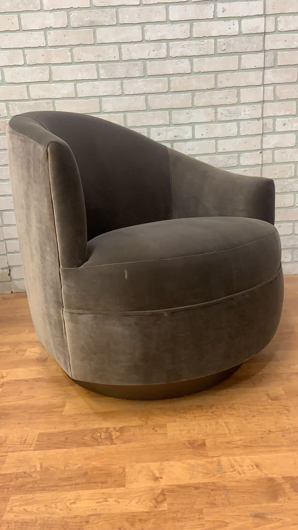 Postmodern Asymmetrical Barrel Back Swivel Chairs Newly Reupholstered in Grey Velvet on a Bronze - 8