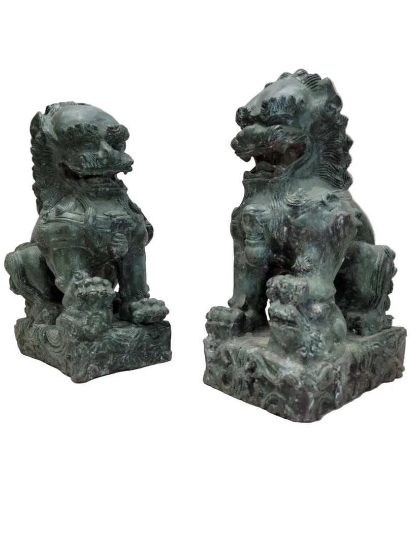 Antique Fengshui Chinese Guardian Lion Foo Dog Statue Sculpture - Pair - 10