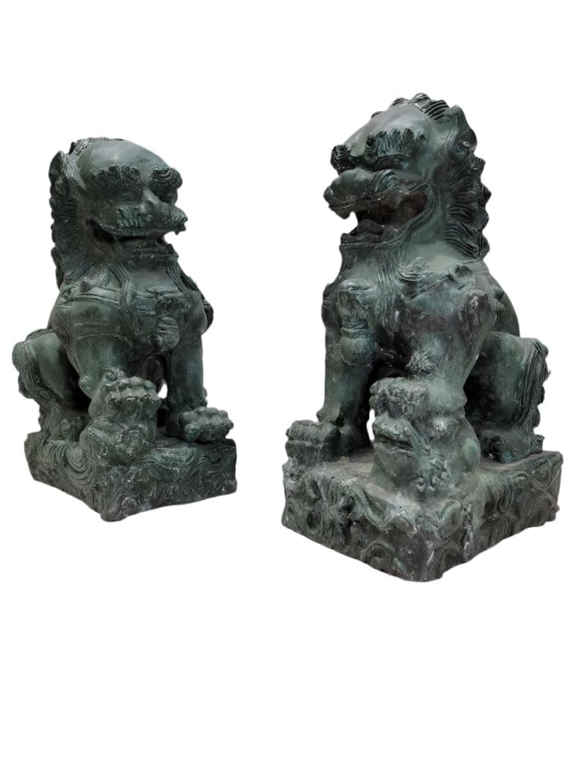 Antique Fengshui Chinese Guardian Lion Foo Dog Statue Sculpture - Pair (1 of 10)