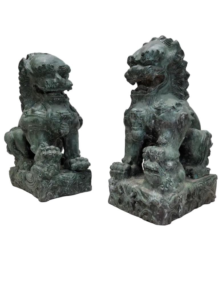 Antique Fengshui Chinese Guardian Lion Foo Dog Statue Sculpture - Pair - 2