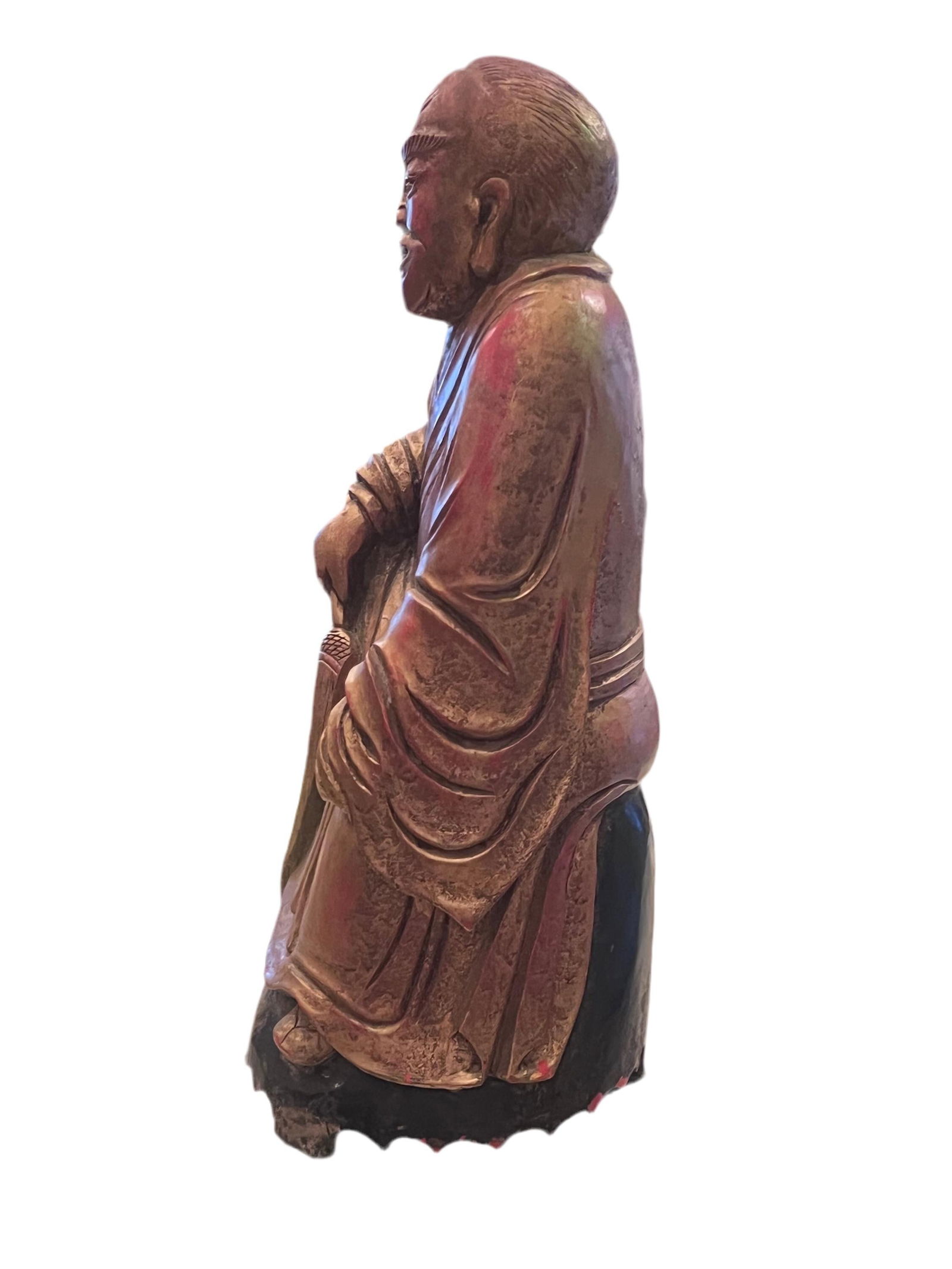 Antique Chinese Wood Hand Carved Monk Figurine - 2