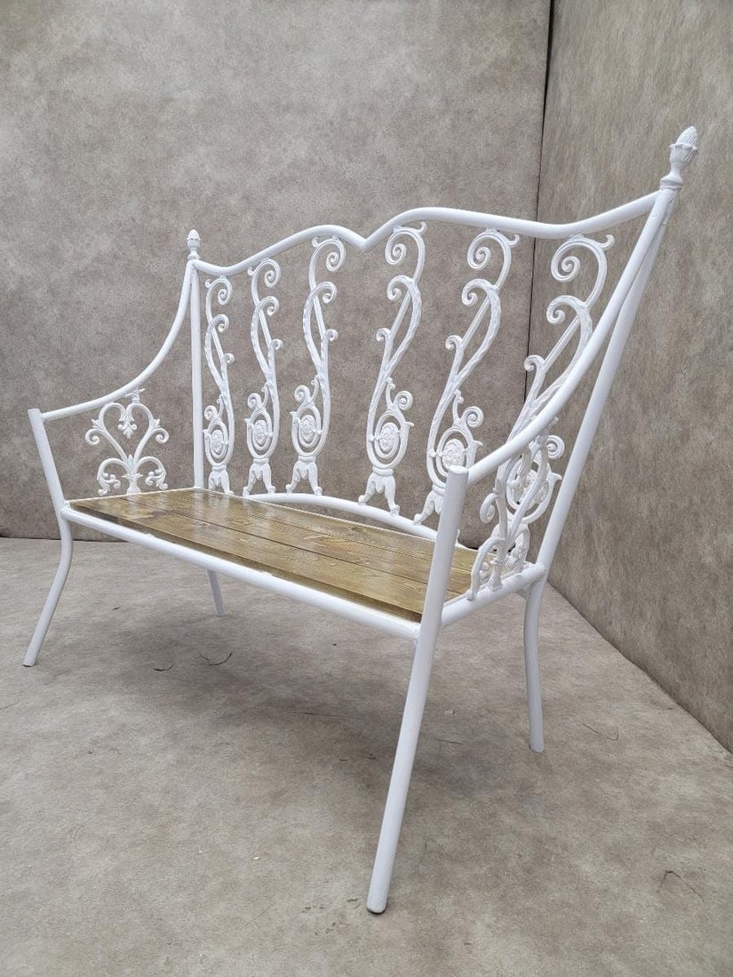 Antique Victorian Colonial Style White Wrought Iron Bench - 2