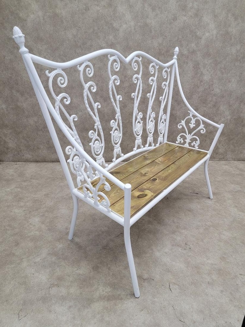 Antique Victorian Colonial Style White Wrought Iron Bench - 3