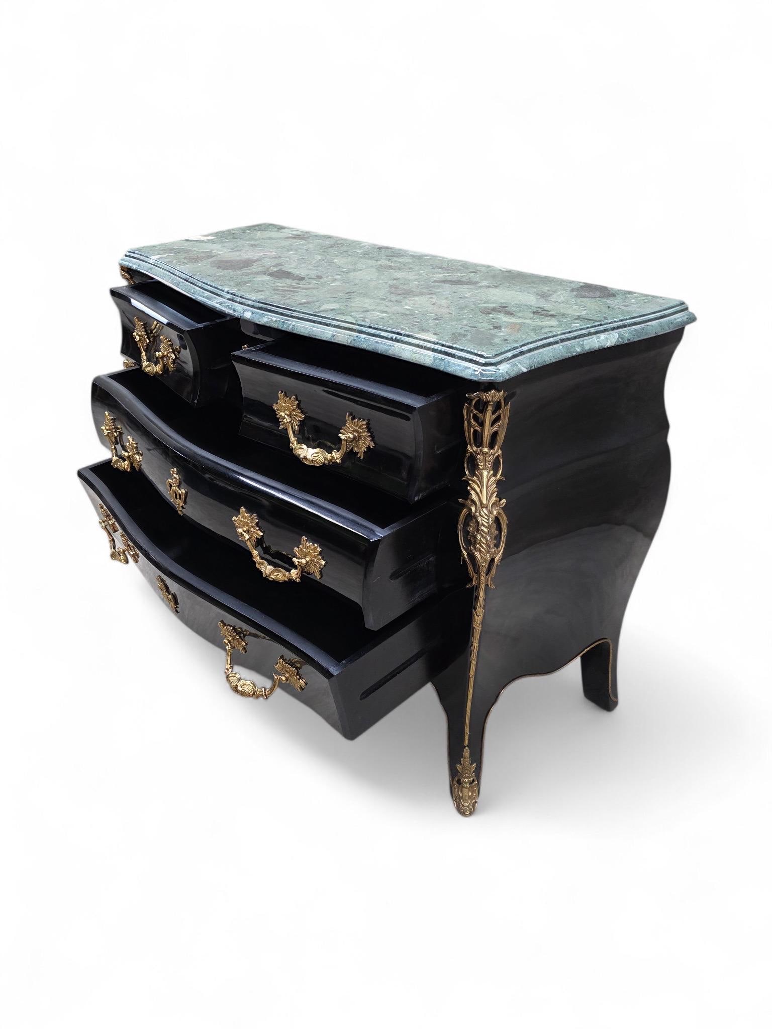 Vintage French Louis XV Style Black Lacquer Bombe Commode - 4