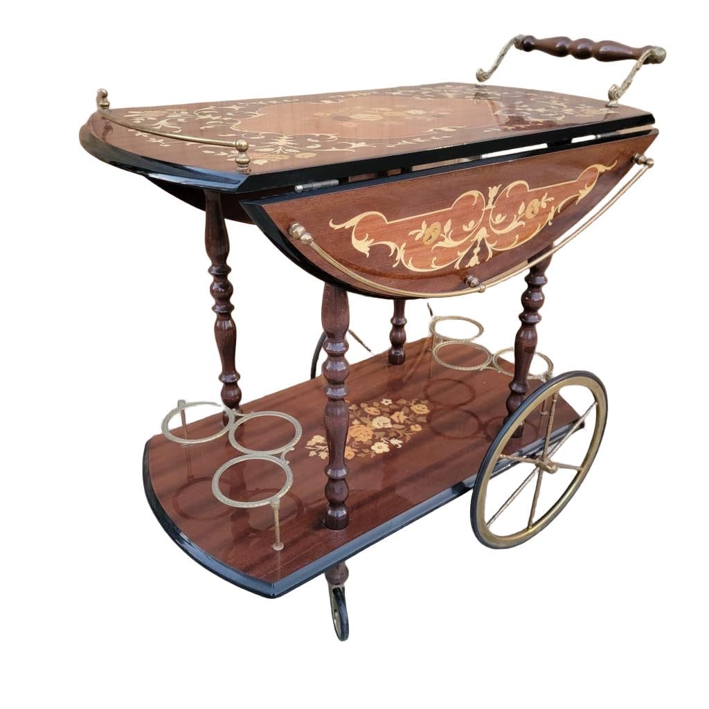 Vintage Italian Marquetry Two Tier Drop-Leaf Dessert/Bar Cart Trolley - 6