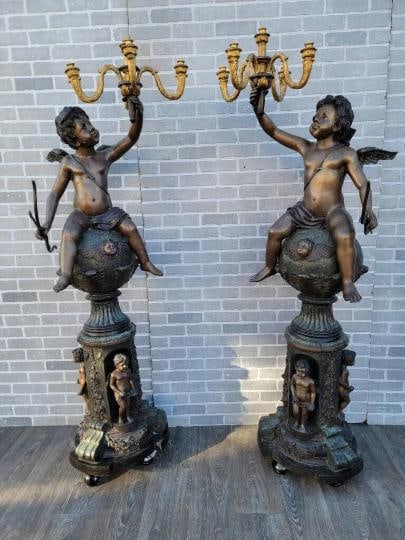 Vintage Victorian Style Winged Cherub Candelabra Bronze Statues - Set of 2 - 2
