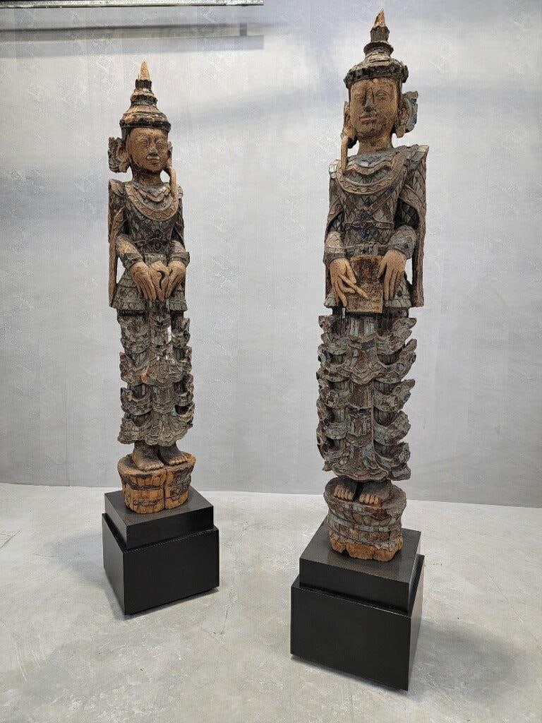 Antique Burmese Carved Lacquered Inlaid Colored Glass Monastic Sculptures- Set of 2 - 3