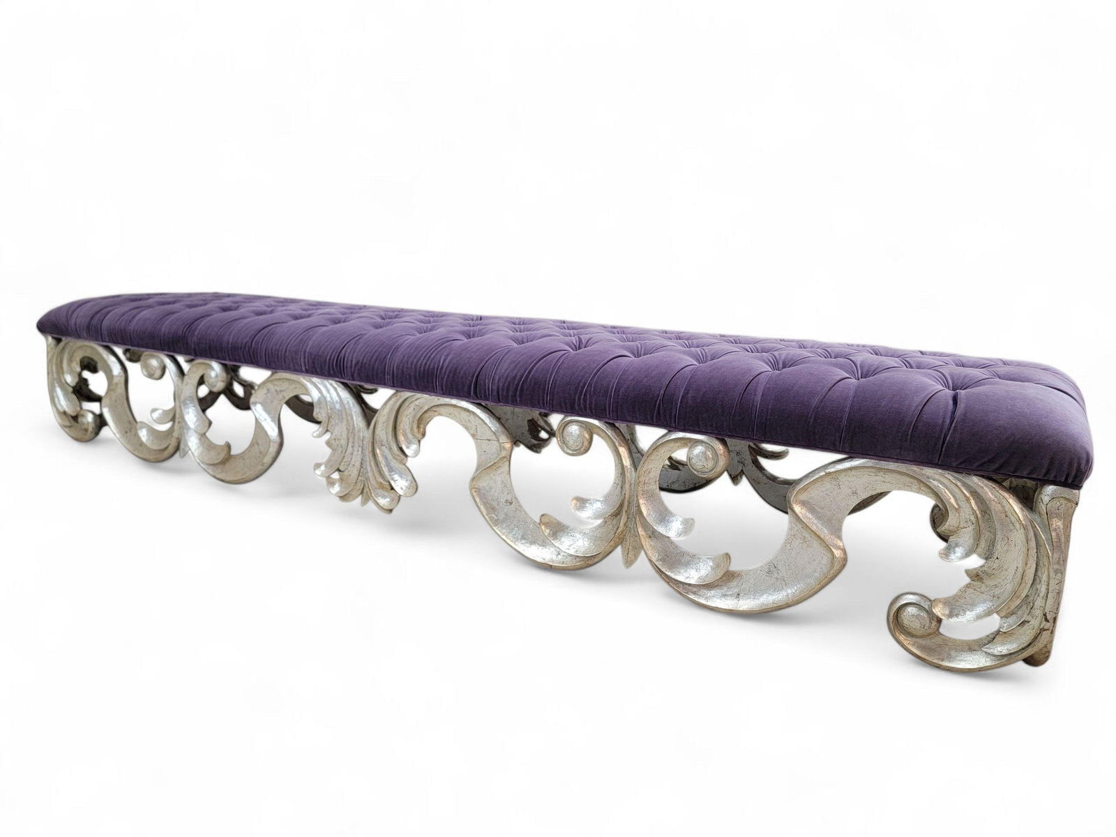 Vintage Christopher Guy Scrolled Silver Gilded Mahogany Tufted Bench in Purple Velvet - 7