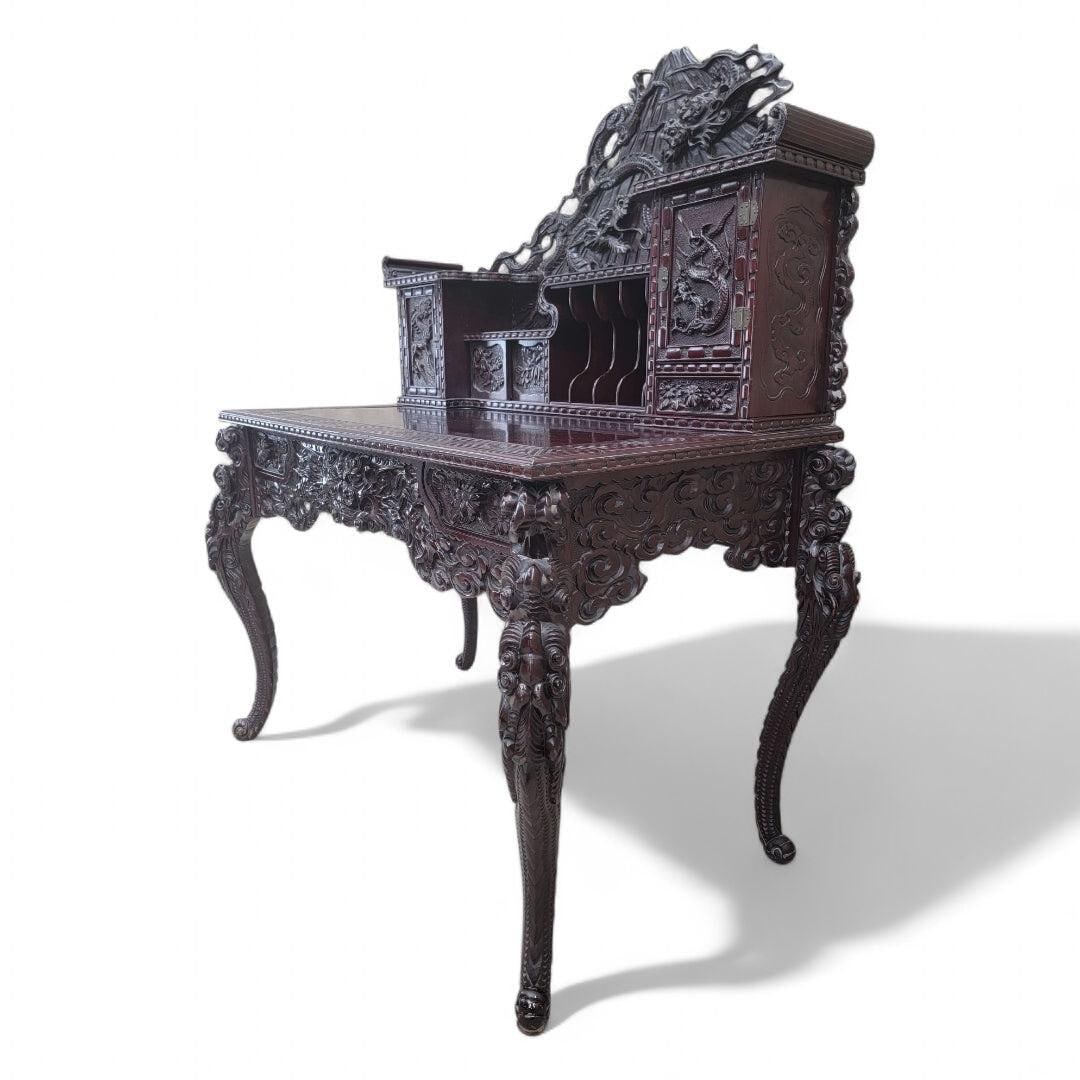 Antique Carved Ornate Japanese Export Hard Rosewood Writing Desk and Chair Set - 2