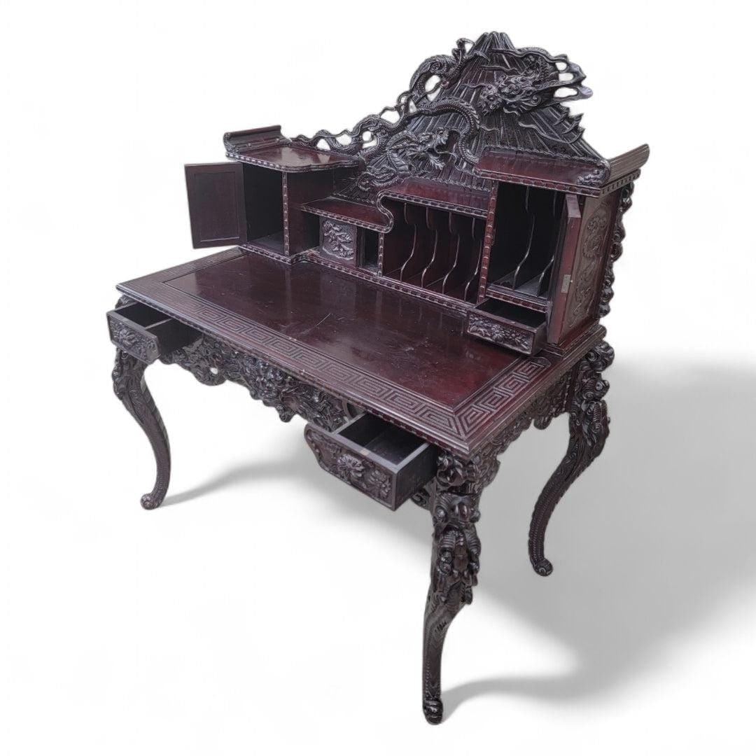 Antique Carved Ornate Japanese Export Hard Rosewood Writing Desk and Chair Set - 6