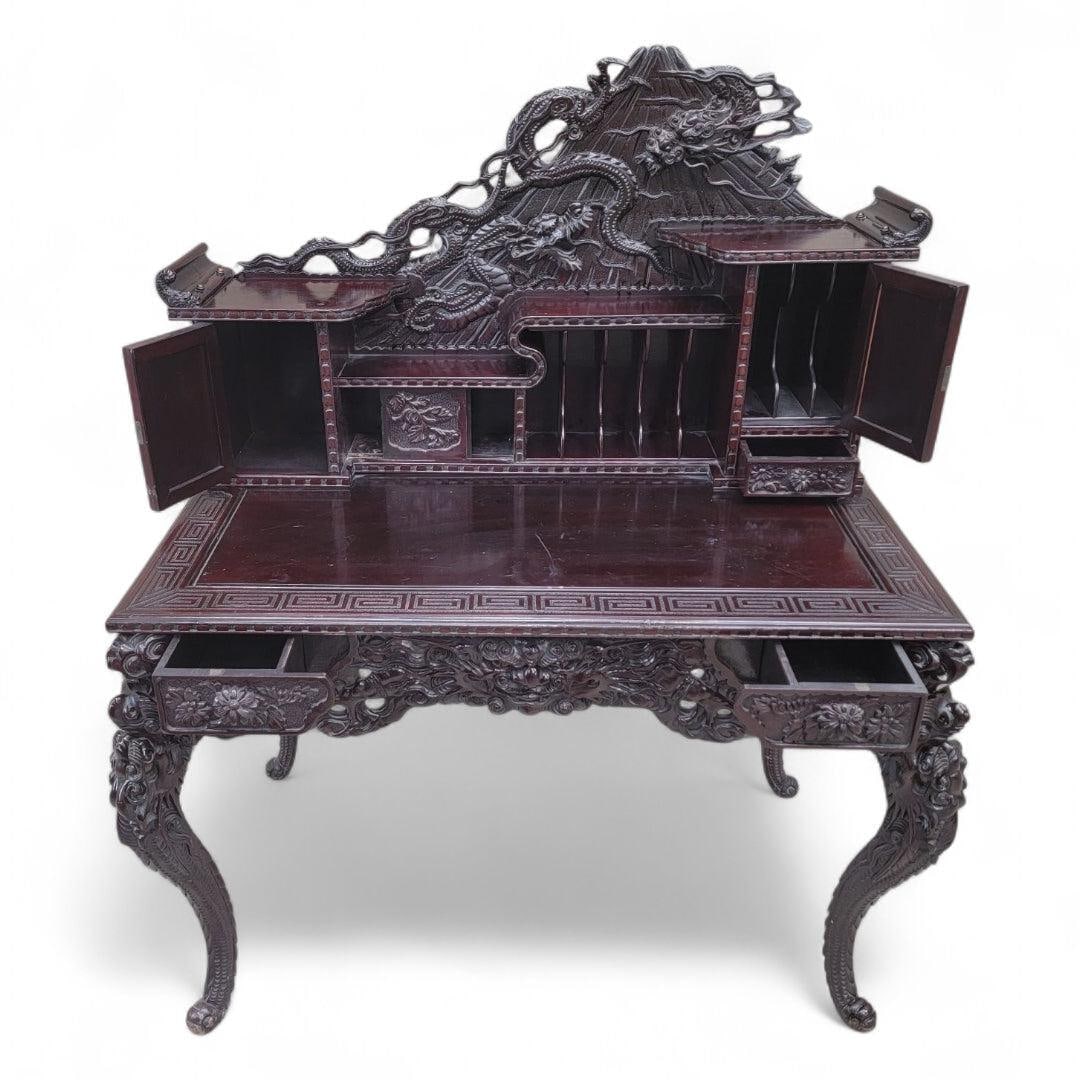 Antique Carved Ornate Japanese Export Hard Rosewood Writing Desk and Chair Set - 9
