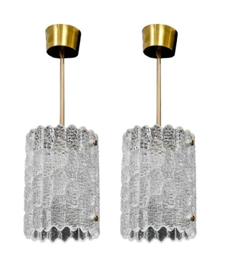 MCM Crystal Pendant Lights by Orrefors - Pair: Title: MCM Crystal Pendant Lights by Orrefors - Pair Description: Mid Century Modern Crystal Pendant with Brass Hardware Lights by Carl Fagerlund for Orrefors - Pair Pair of clear textured crystal lig