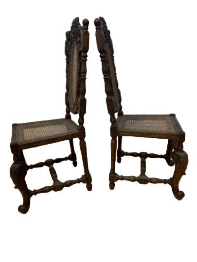 Antique Renaissance Revival Carved Ornate Oak Cane Throne Chairs - Pair - 2