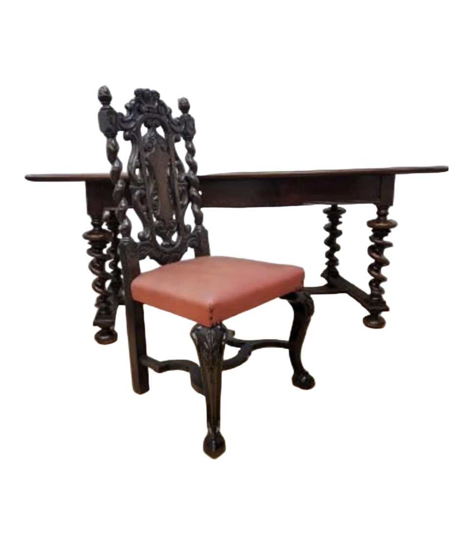 Antique Jacobean Revival Style Mahogany Carved Barley Twist Single Drawer Desk with Carved Barley - 2