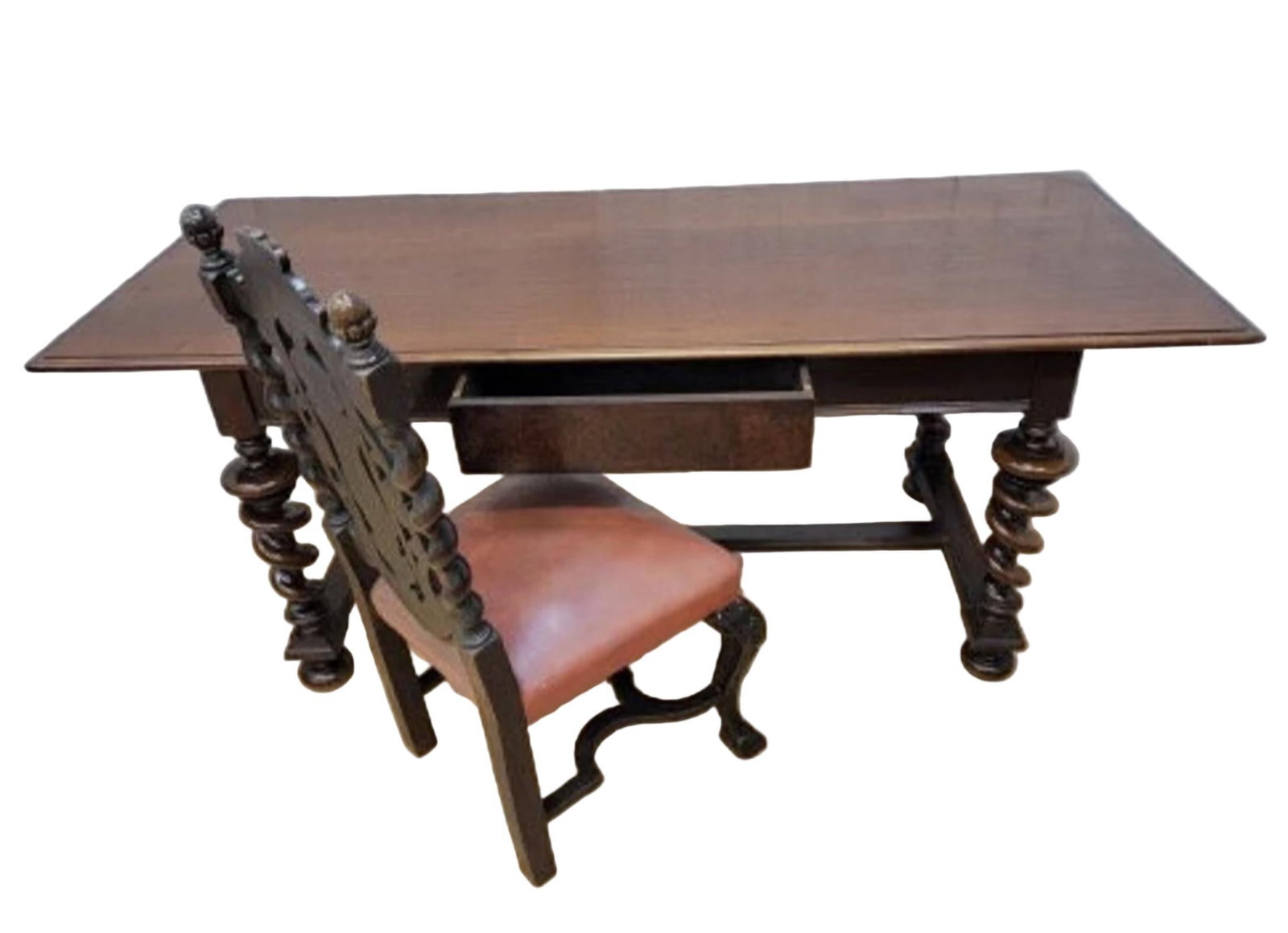 Antique Jacobean Revival Style Mahogany Carved Barley Twist Single Drawer Desk with Carved Barley - 6