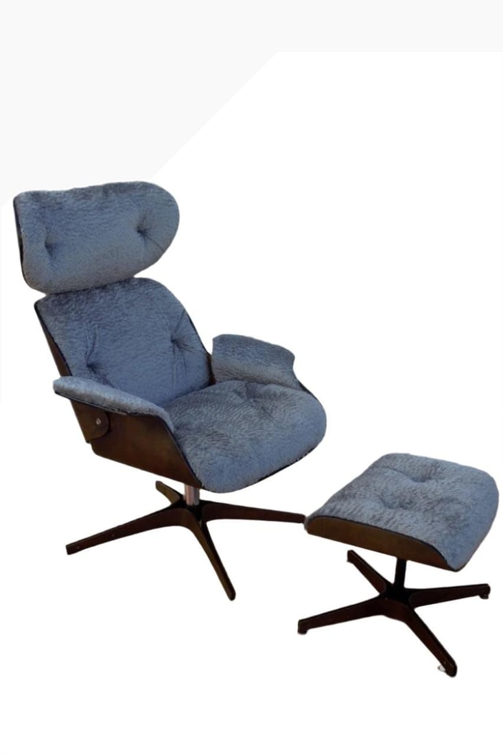 Mid Century Modern George Mulhauser Plycraft Lounge Chair & Ottoman, Gray Boucle - 2