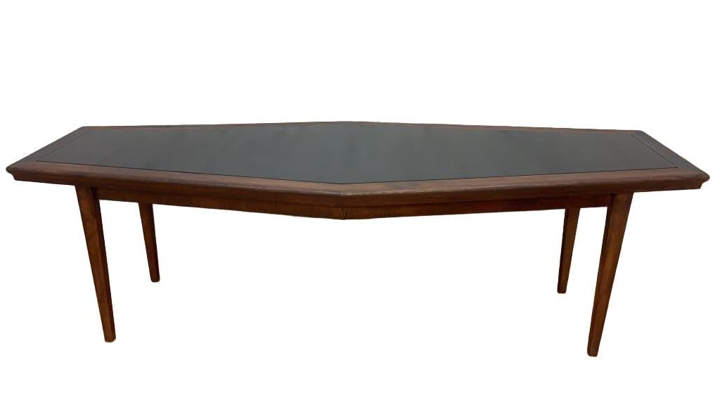 Mid Century Danish Narrow Boat Shaped Console Table with Black Laminate Inlay - 2