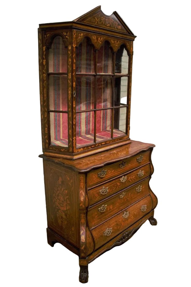Antique Dutch Marquetry Display Vitrine Cabinet - 2