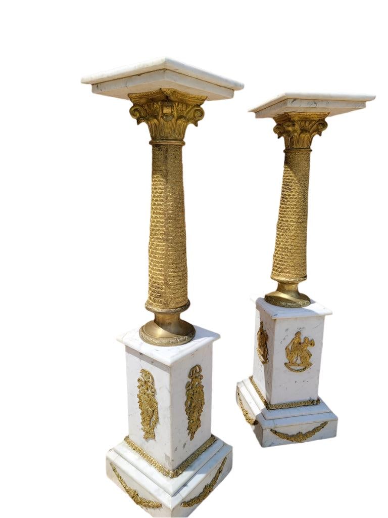 Antique French Empire Ormolu White Carrara Marble Pedestals - Pair - 2