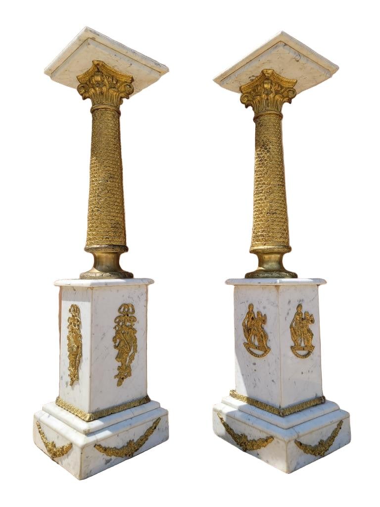 Antique French Empire Ormolu White Carrara Marble Pedestals - Pair - 4