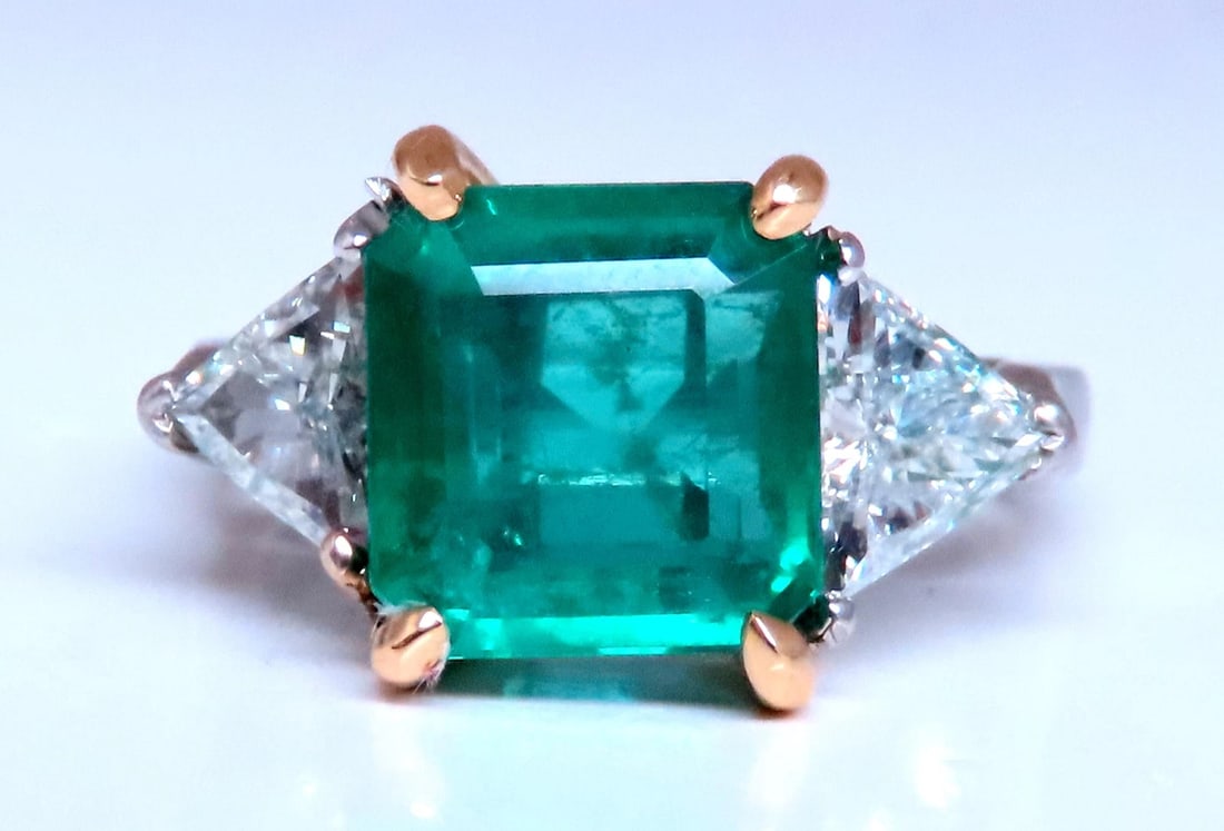 GIA Certified 3.97ct Natural Emerald (F1) Trillants Diamond Ring Platinum 12414 - 12