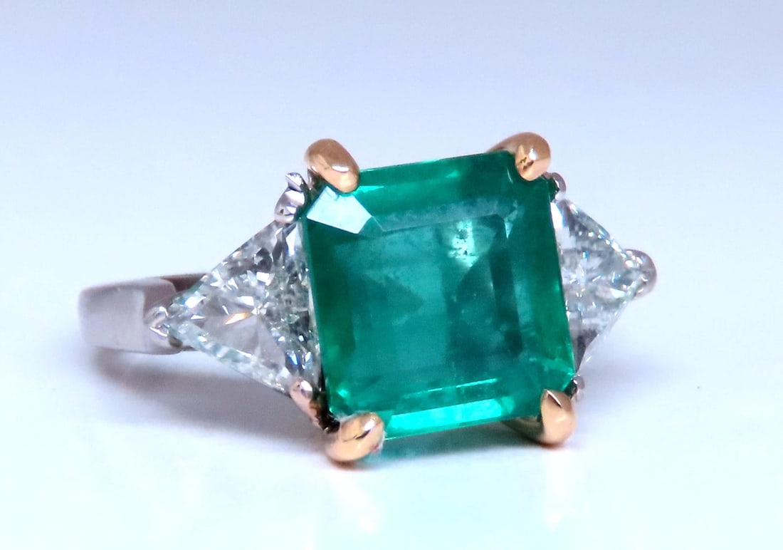 GIA Certified 3.97ct Natural Emerald (F1) Trillants Diamond Ring Platinum 12414 - 13