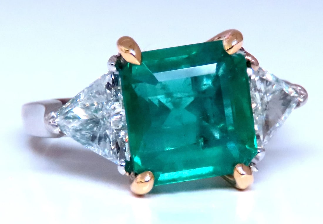 GIA Certified 3.97ct Natural Emerald (F1) Trillants Diamond Ring Platinum 12414 - 3