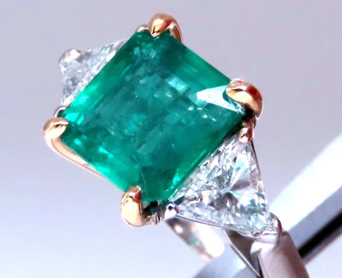 GIA Certified 3.97ct Natural Emerald (F1) Trillants Diamond Ring Platinum 12414 - 4