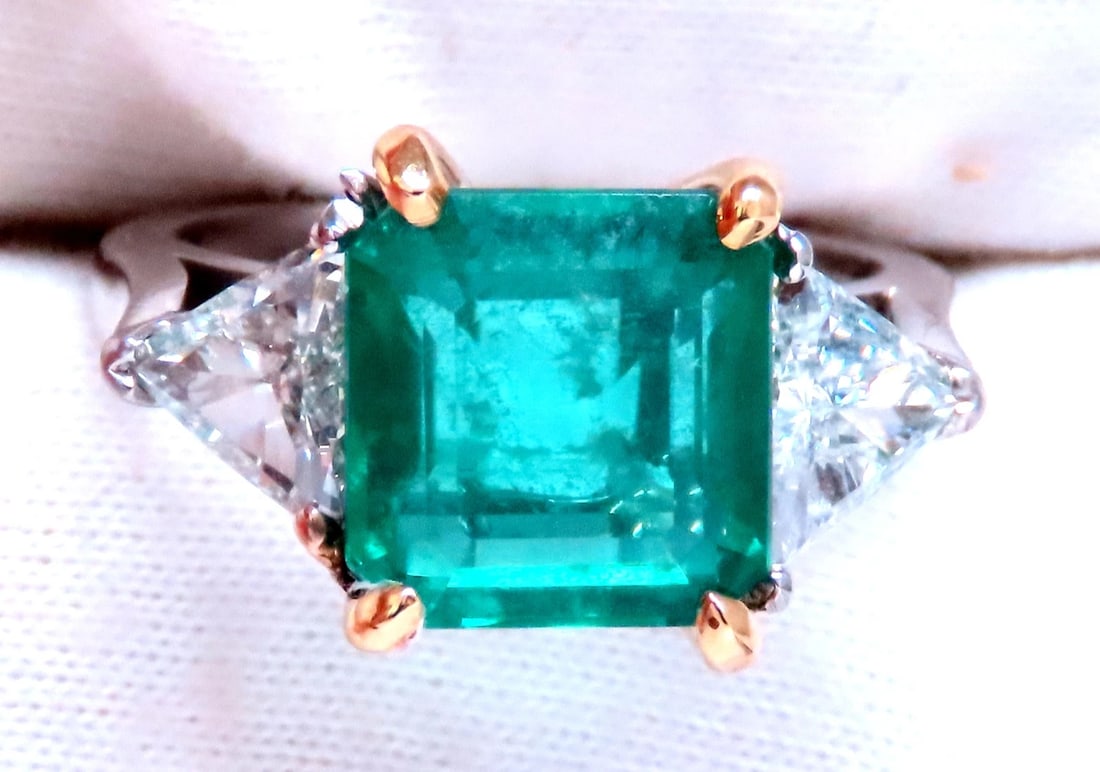 GIA Certified 3.97ct Natural Emerald (F1) Trillants Diamond Ring Platinum 12414 - 6