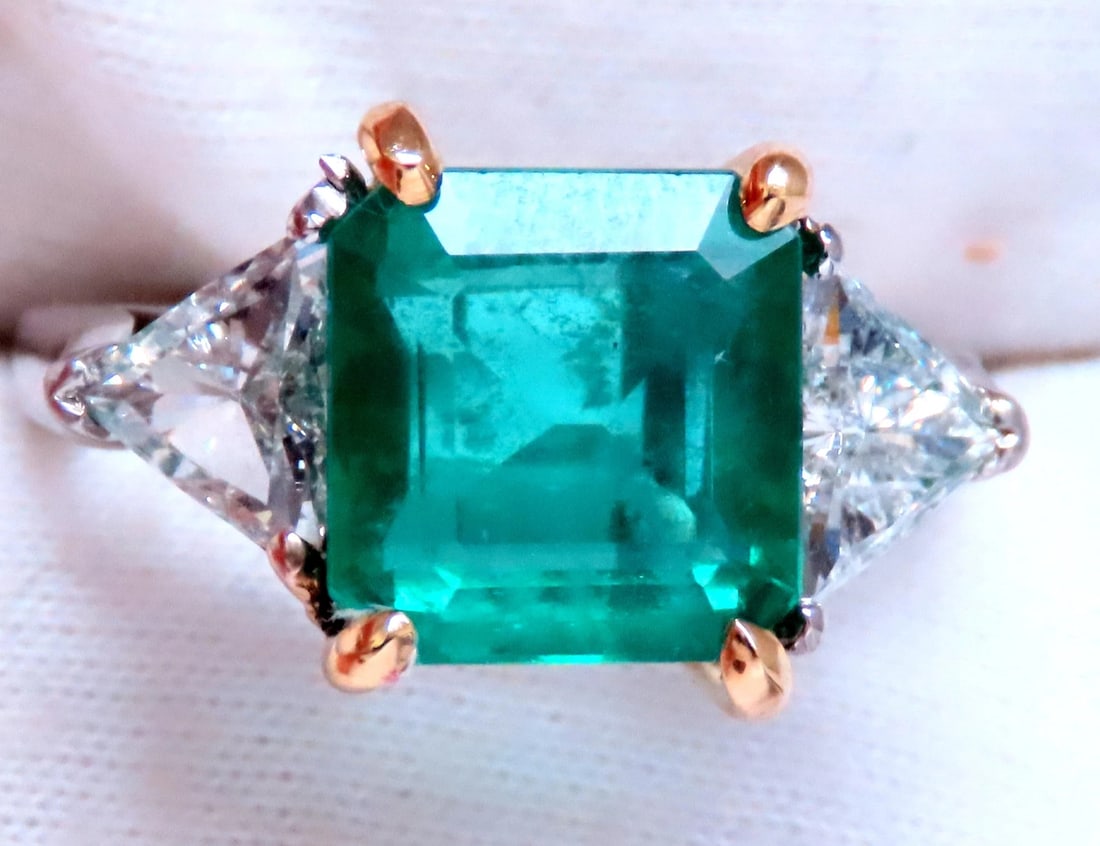 GIA Certified 3.97ct Natural Emerald (F1) Trillants Diamond Ring Platinum 12414 - 8
