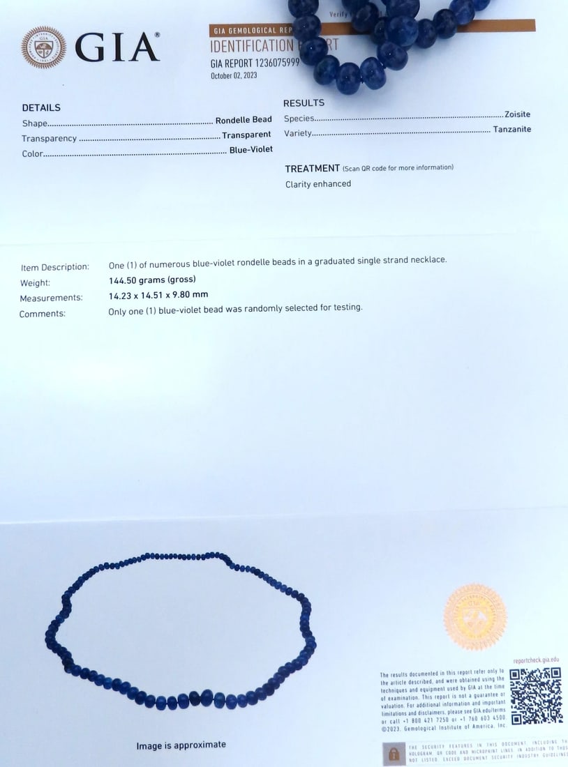 GIA Certified Natural Tanzanite Bead Necklace 12417** - 9