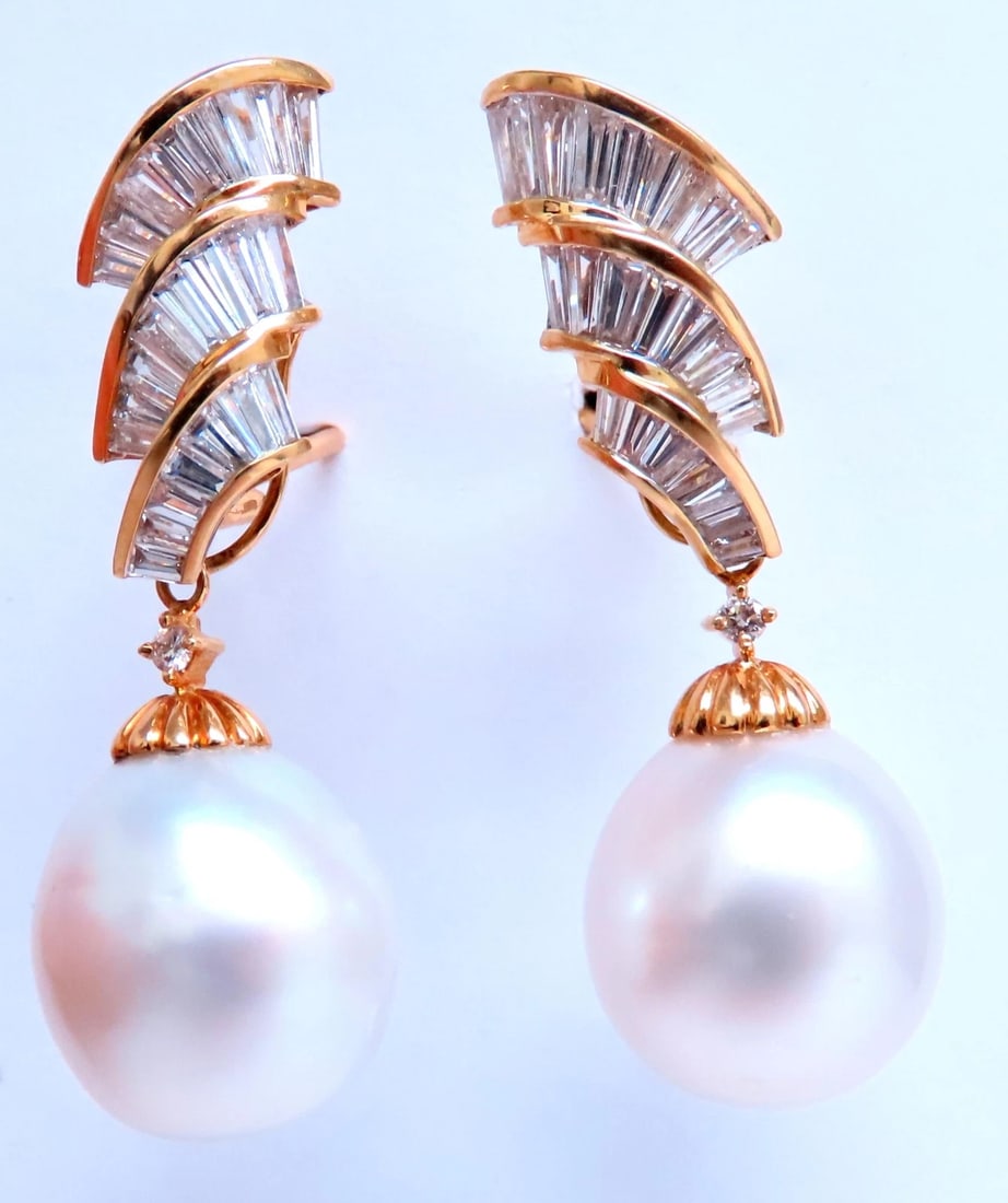 GIA Certified 15.6m Natural Saltwater Pearl Diamond Dangle Earrings 18kt 12413** - 3