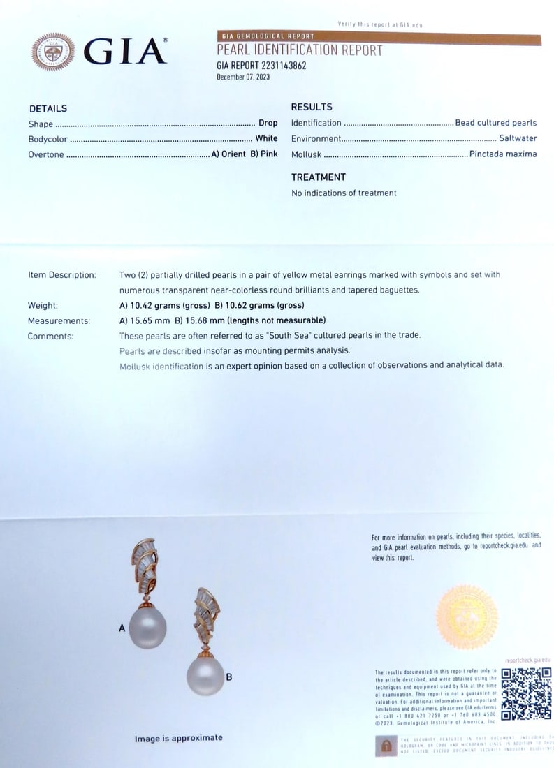 GIA Certified 15.6m Natural Saltwater Pearl Diamond Dangle Earrings 18kt 12413** - 9