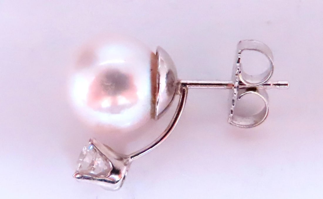 8mm Natural White South seas Pearl Diamond Stud Earrings 14kt Gold 12384** - 4