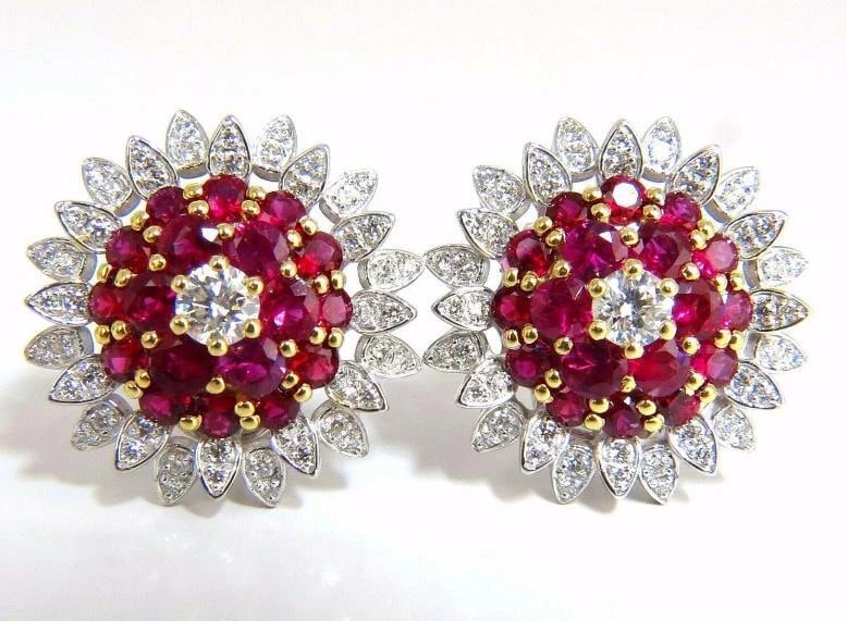 6.26ct Natural Vivid Red Ruby Diamond Domed Clip Earrings 18kt Ref 12350** - 6