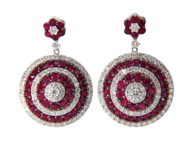 9.74ct Natural Ruby Diamond Dangling Earrings 18kt Roulette Bullseye Ref 12323** - 2