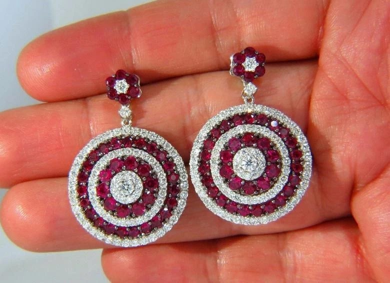 9.74ct Natural Ruby Diamond Dangling Earrings 18kt Roulette Bullseye Ref 12323** - 3