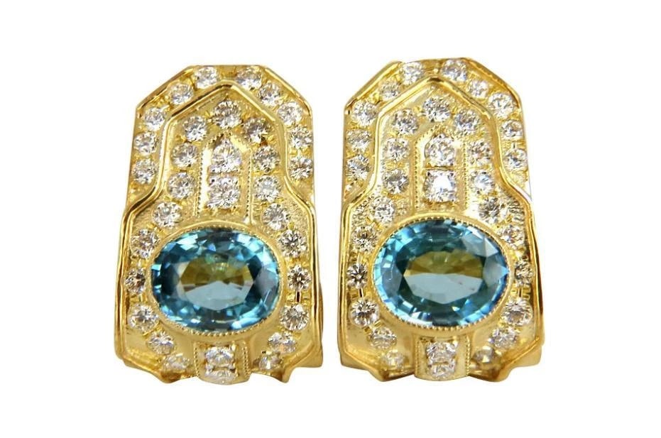 13.14 Carat Natural Vivid Blue Zircon Diamonds Clip Earrings 18kt ref 12312** - 2