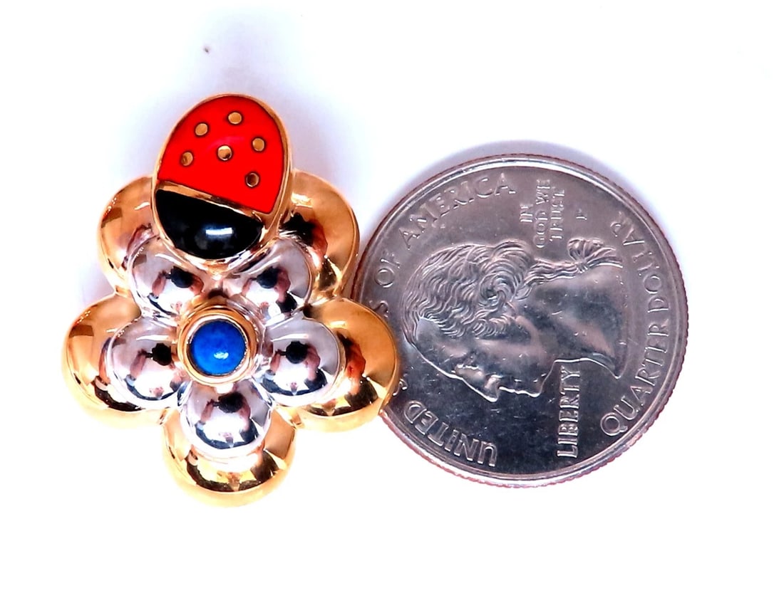 18kt Gold Clip earrings Ladybug On Flower Solid CLip 18kt Gold Postless** - 5