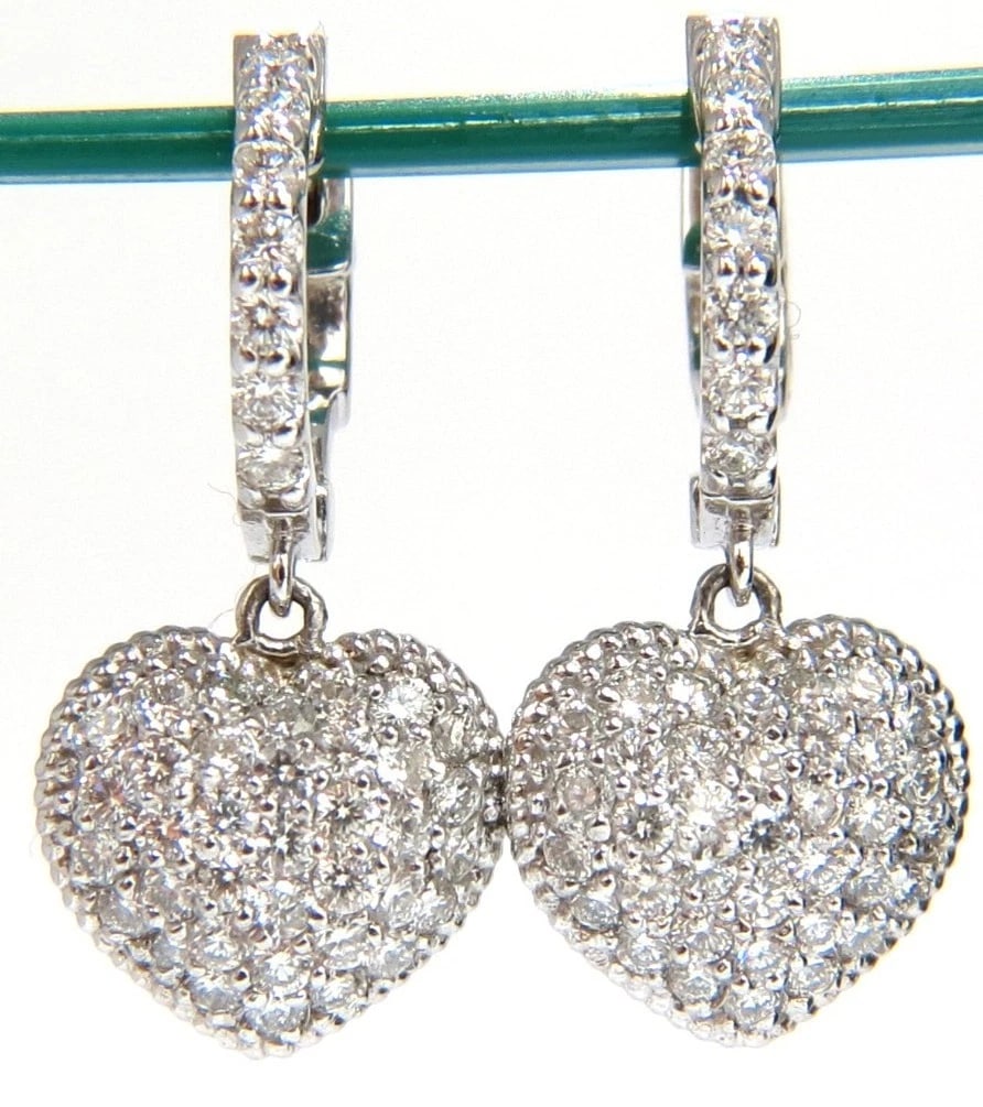1.30ct dangling hearts on hoop diamonds earrings 14kt g/vs locking lever** - 2