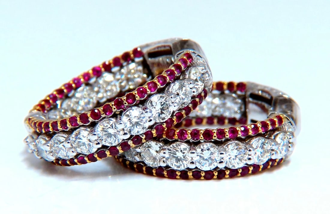 4.24ct natural red ruby diamond hoop earrings 14kt gold three row Intricate**: Title: 4.24ct natural red ruby diamond hoop earrings 14kt gold three row Intricate** Description: Intricate Three Rowed Hoop Earrings Rubies, Diamonds Alternated Inside Out 1.40ct. Natural Ruby Hoop E