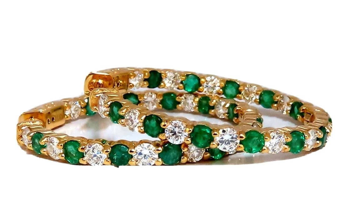 3.77ct natural emerald diamonds hoop earrings 14kt yellow gold inside out** - 2
