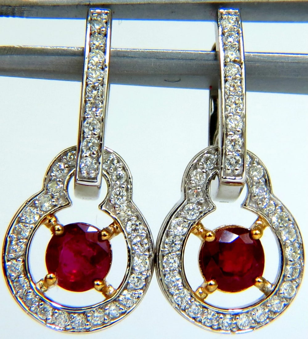2.40CT NATURAL FINE GEM RED RUBY DIAMOND EARRINGS DANGLE HOOP 14KT** - 2