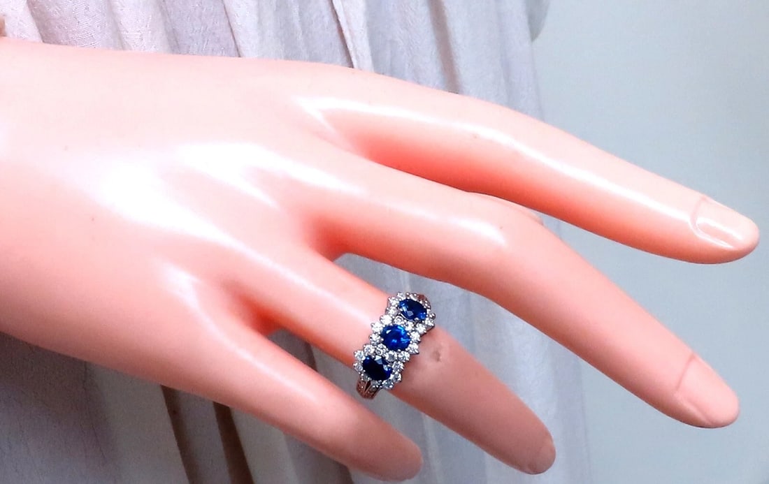 1.25ct Natural Sapphires Diamonds Ring 14kt Gold Three stone style - 7